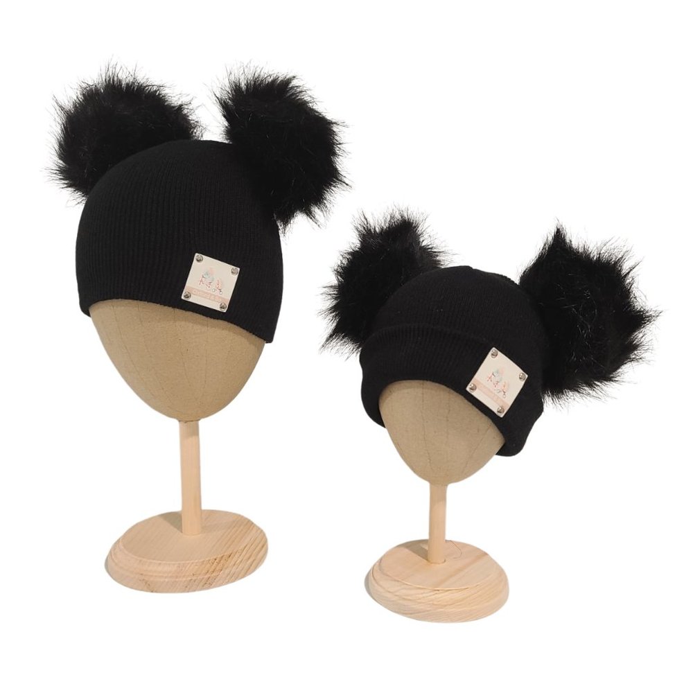 Ryver Knit Beanie With Double Pom Poms, Black